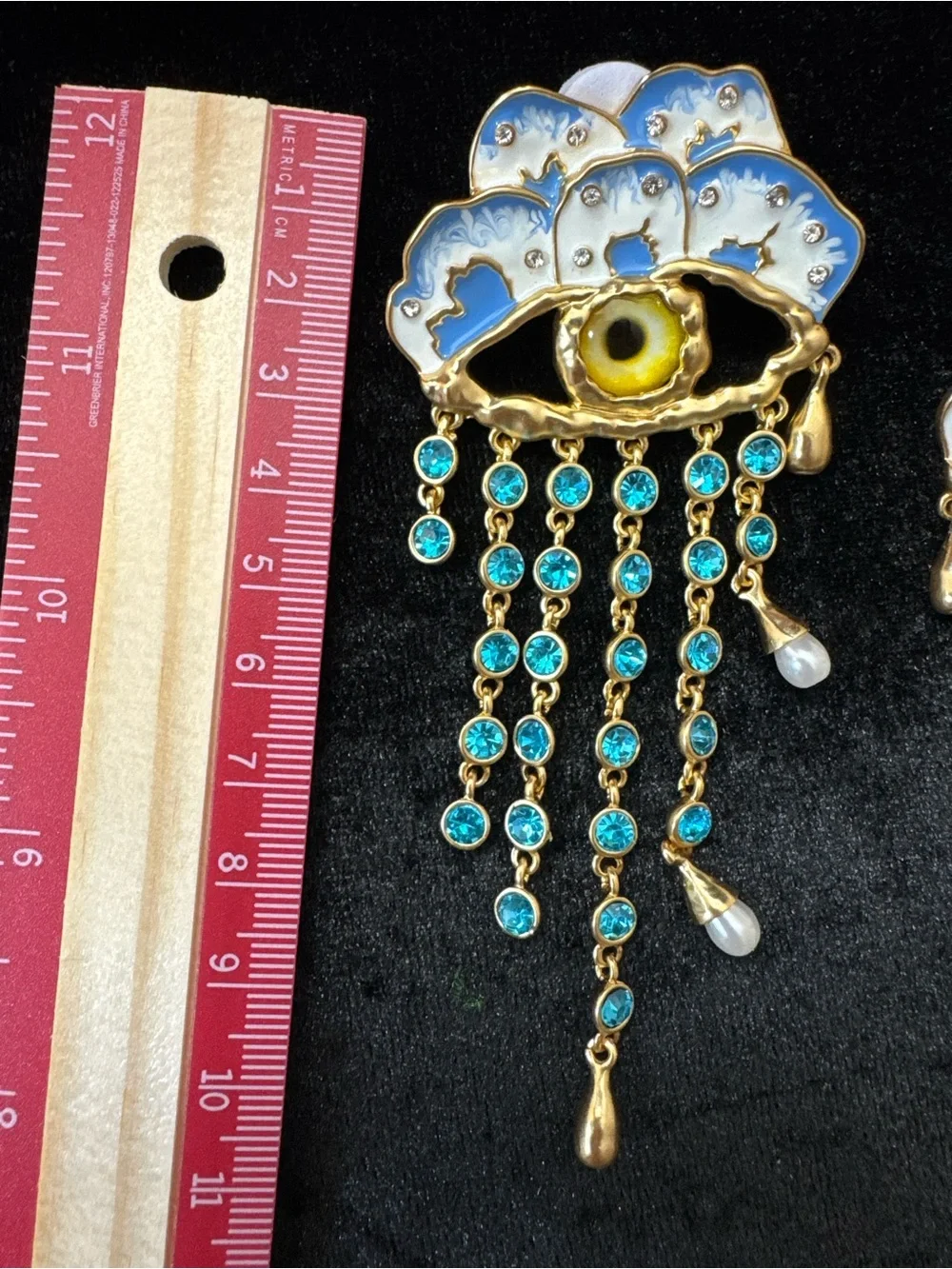Schiaparelli inspired Eyelash Dangle Earrings - Gold Tone with blue crystals